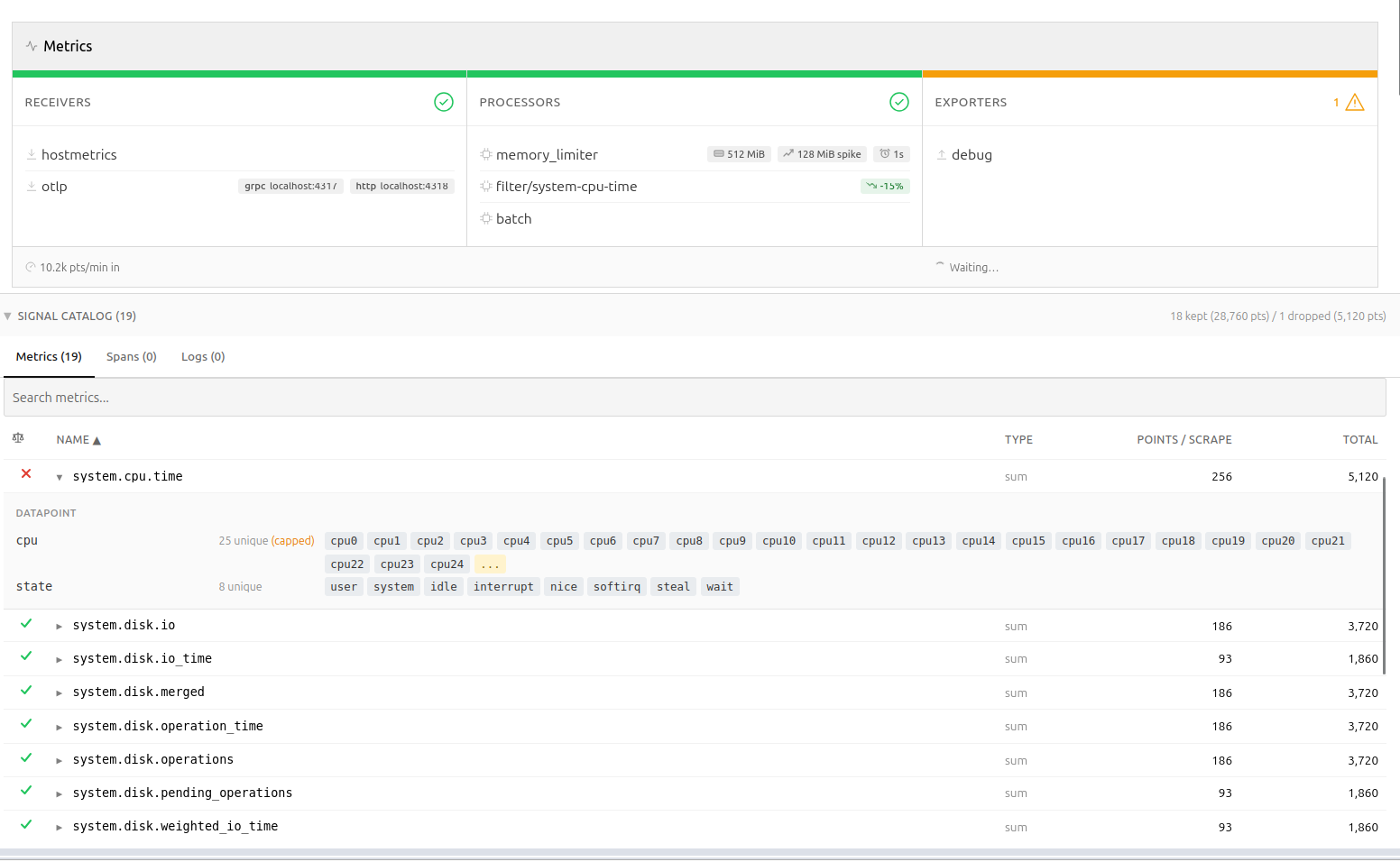 Signal catalog presenting the sampling results