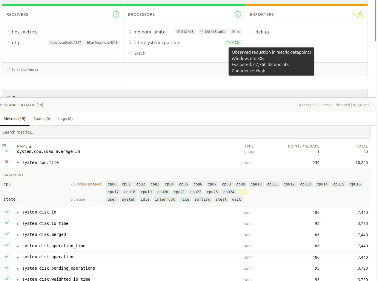 Telemetry volume change estimations presented live in the interface